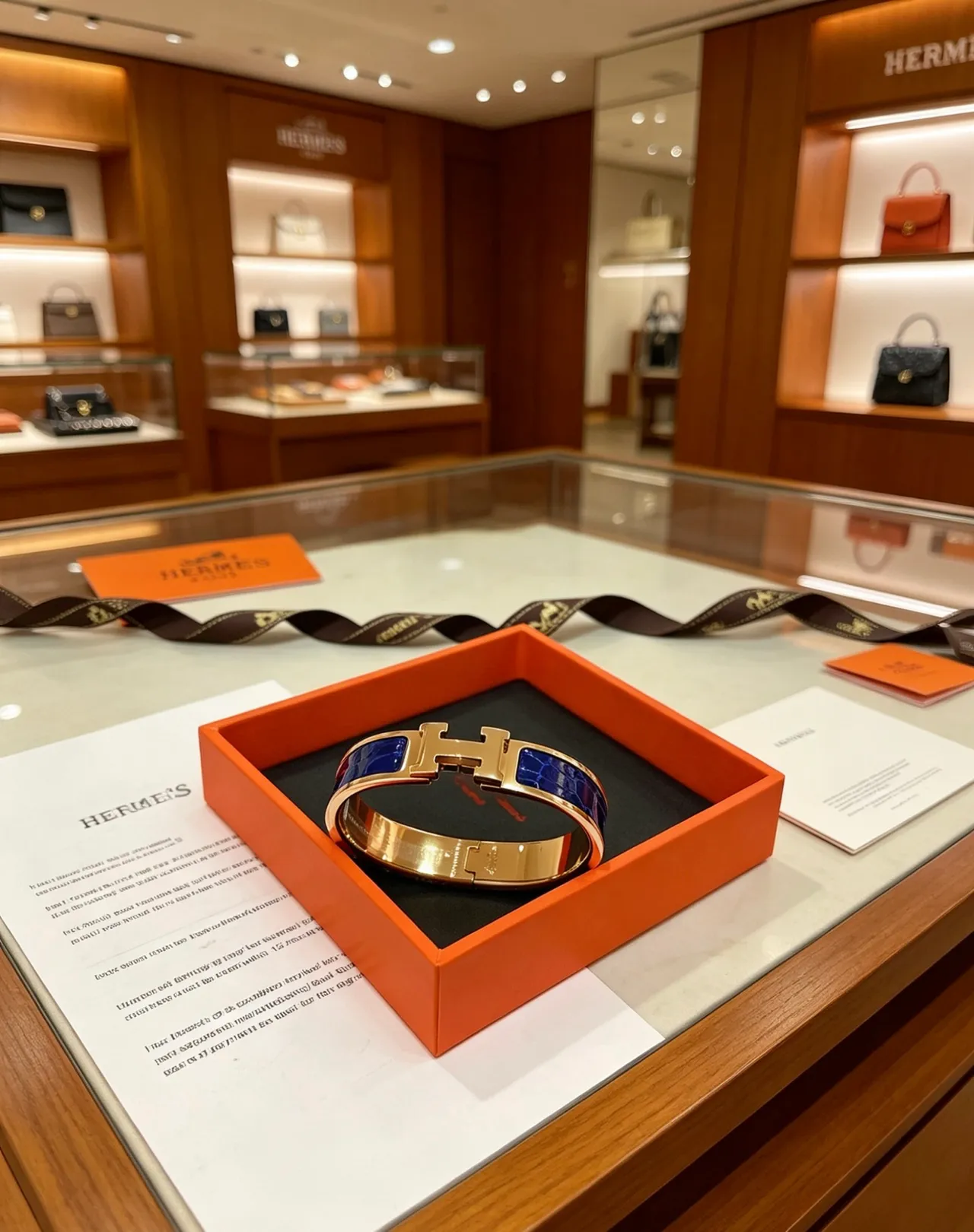 Hermès Clic H Blue Enamel Alligator-Texture Rose Gold Bracelet 9