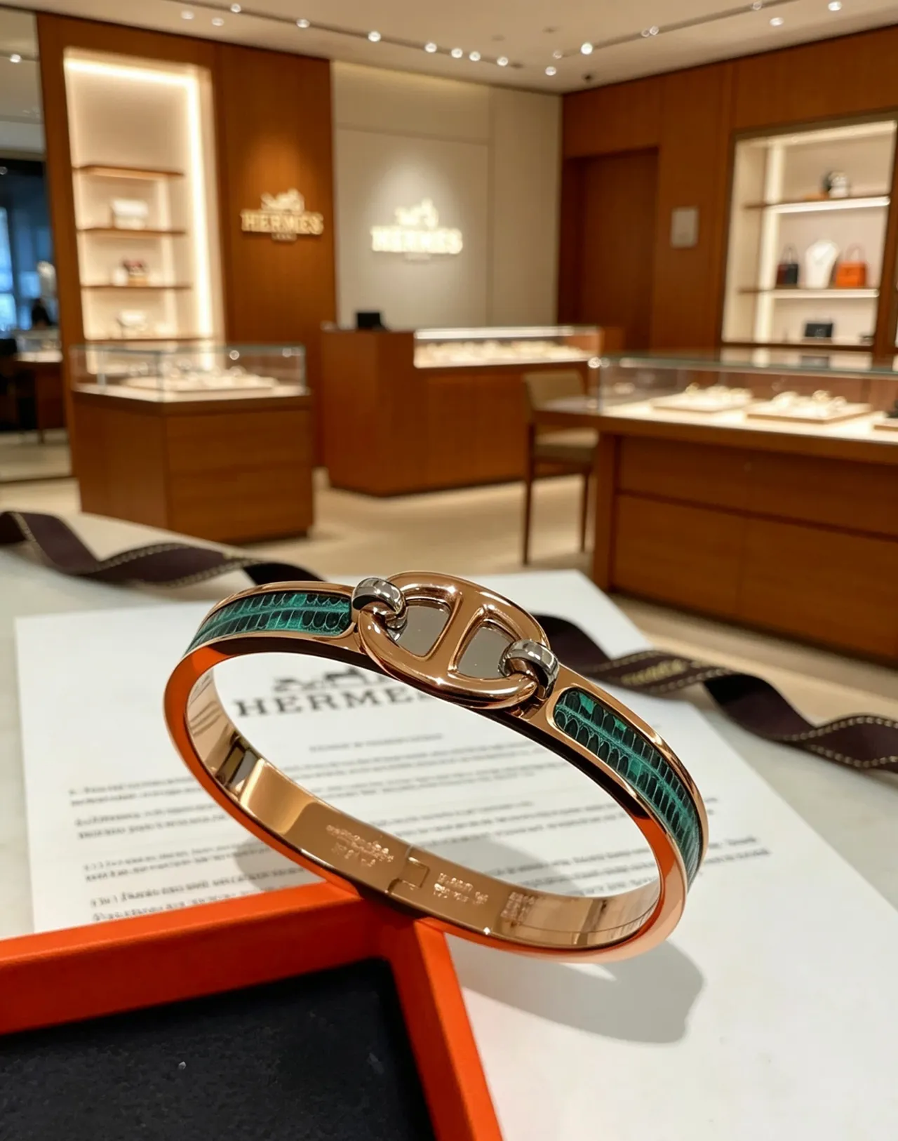 Hermès Clic H Gold Green Toggle Clasp Rose Metal Bracelet 7