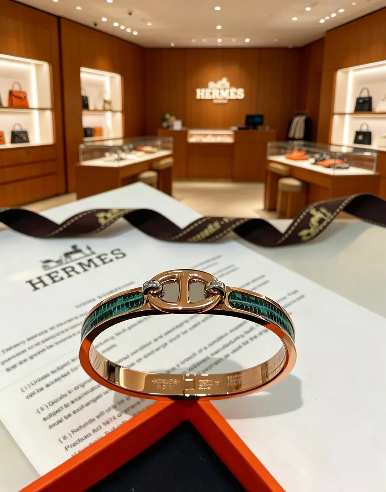 Hermès Clic H Gold Green Toggle Clasp Rose Metal Bracelet 9