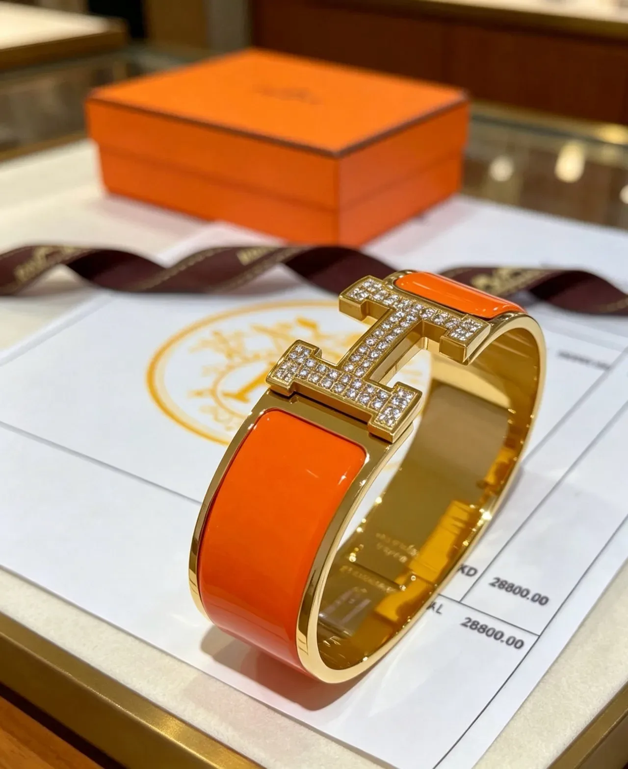 Bracelet Hermès Clic H Orange Émaillé Cristaux Pavés Or 7