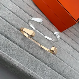 Hermès Collar de perro Plata y Oro Geométrico Facetado Finales Pulsera Abierta con Puño