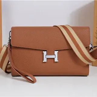 Hermès Constance Brown Beige Pebbled Leather H-Shaped Metal Clasp Messenger Bag