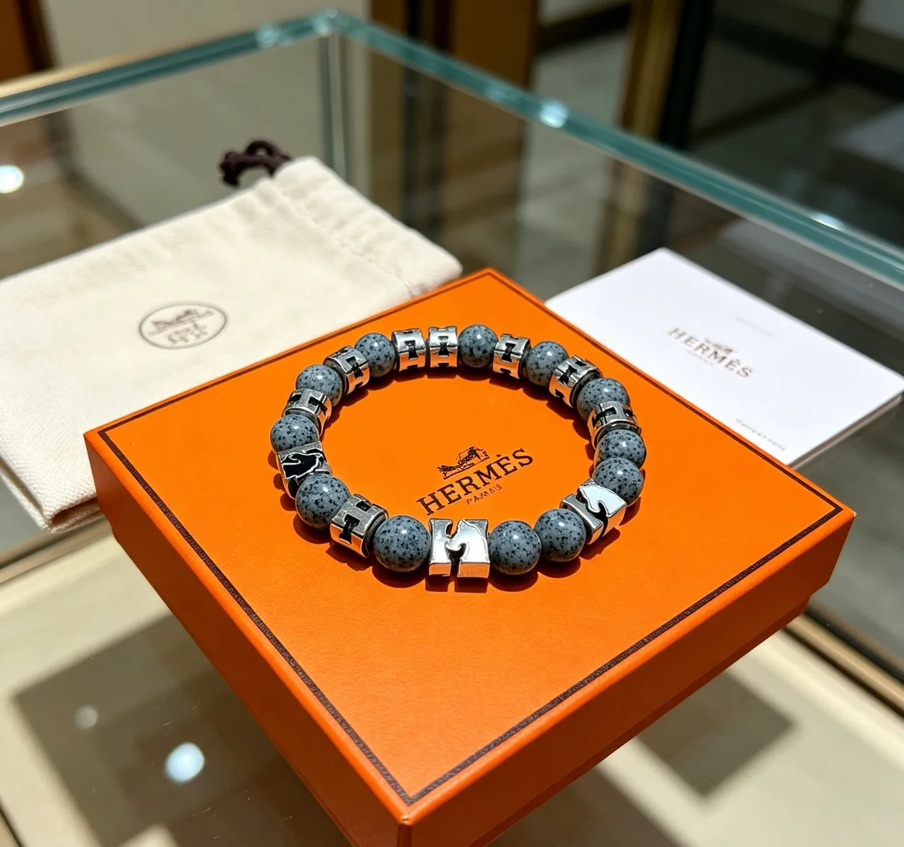 Hermès Gray Black Beaded Stone And Metal Bracelet 2