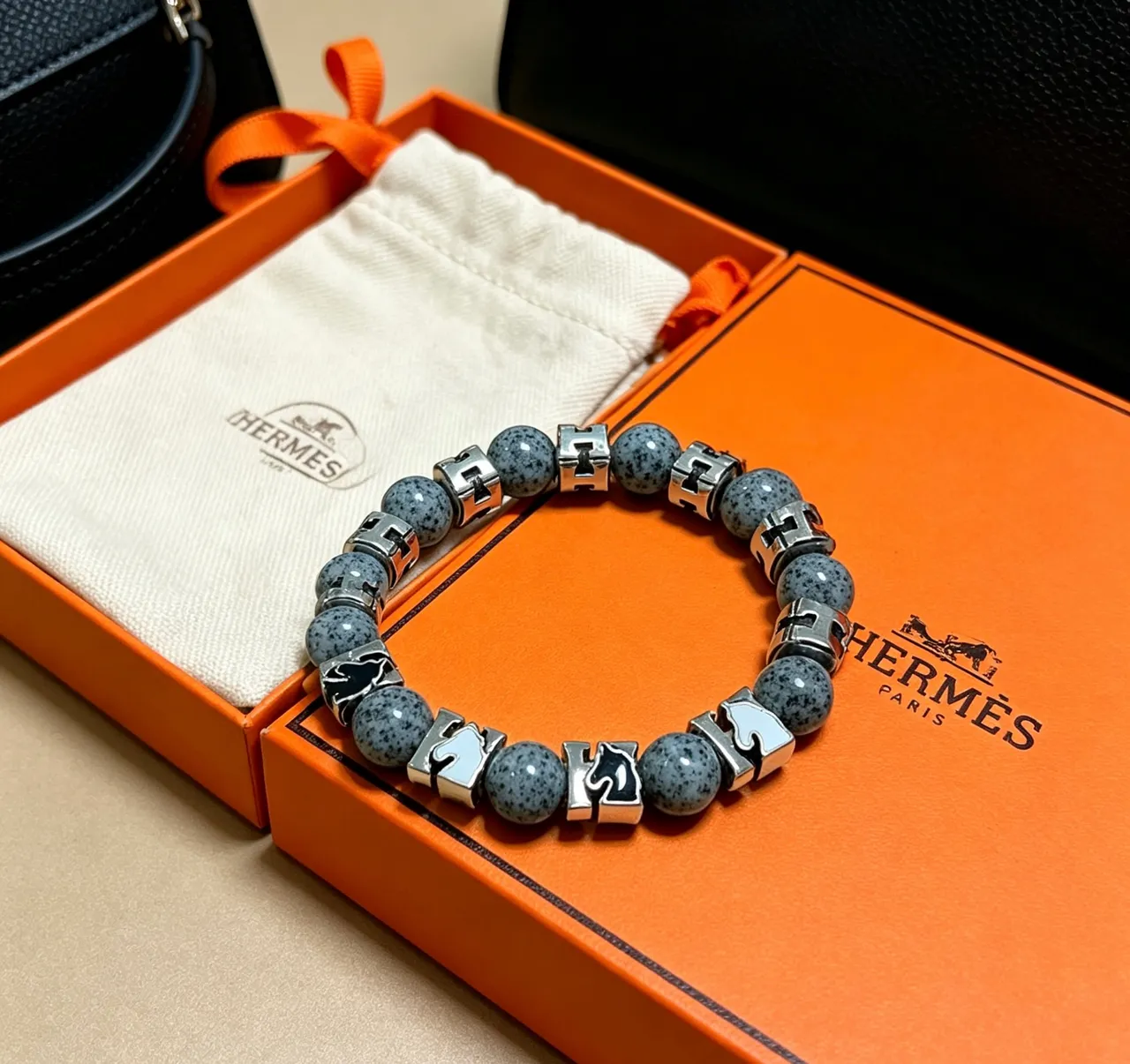 Hermès Gray Black Beaded Stone And Metal Bracelet 7
