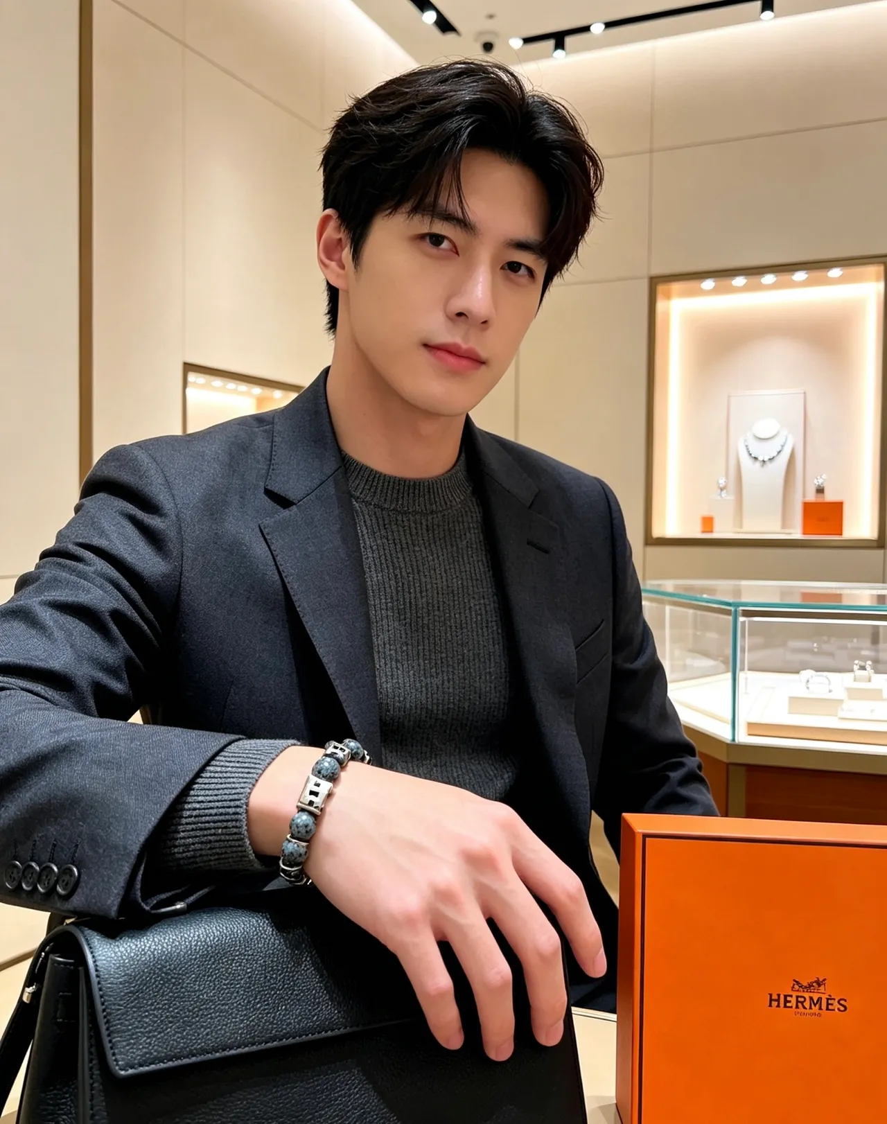Hermès Gray Black Beaded Stone And Metal Bracelet 8