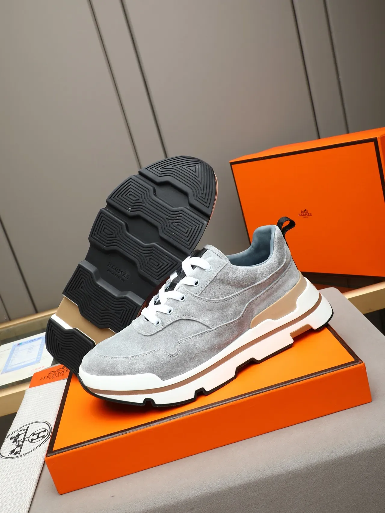 Hermès Gray Suede Chunky Sole Lifestyle Sneaker 4