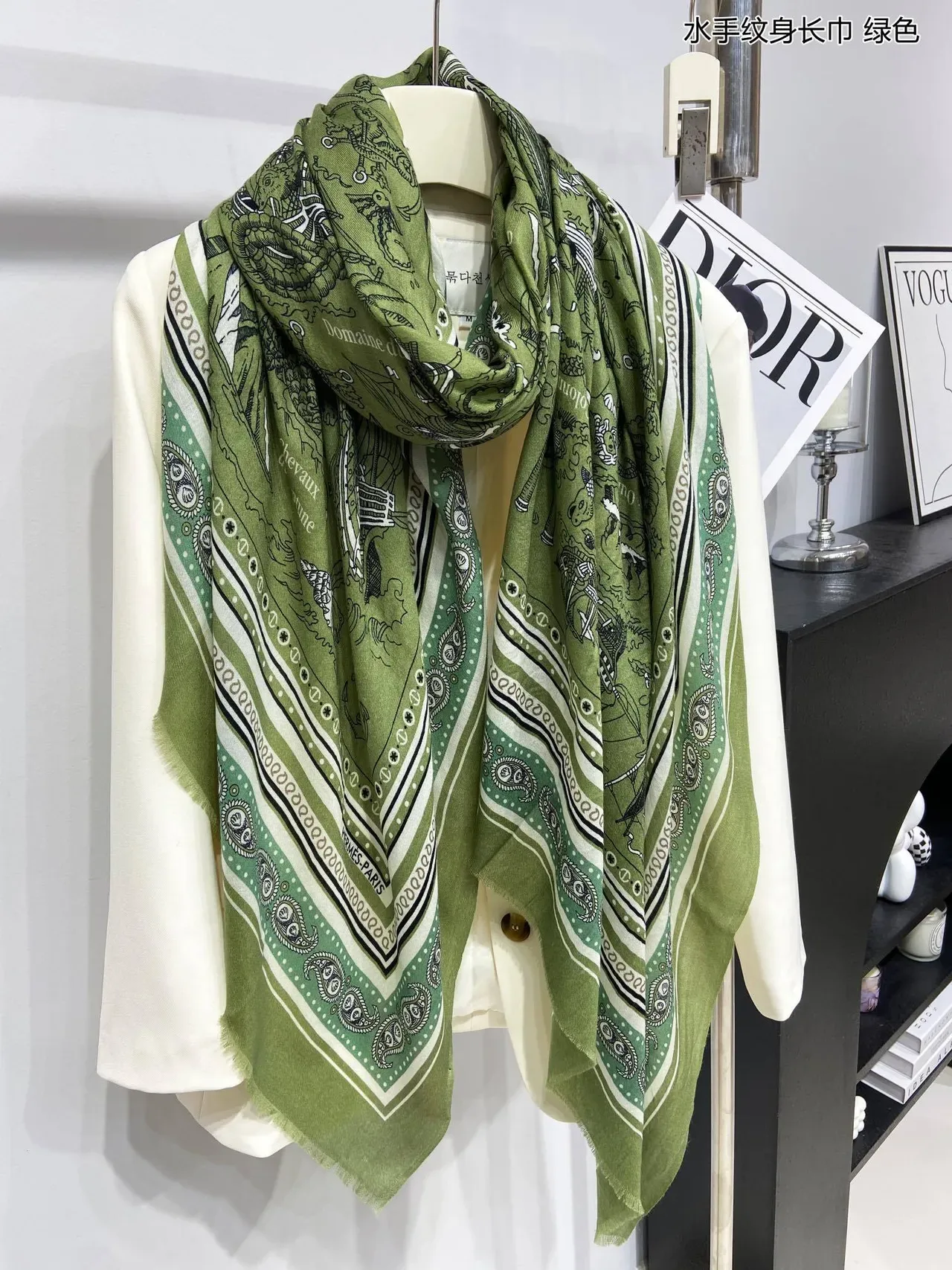 Hermès Green White Nautical Print Bordered Edges Silk Scarf 8