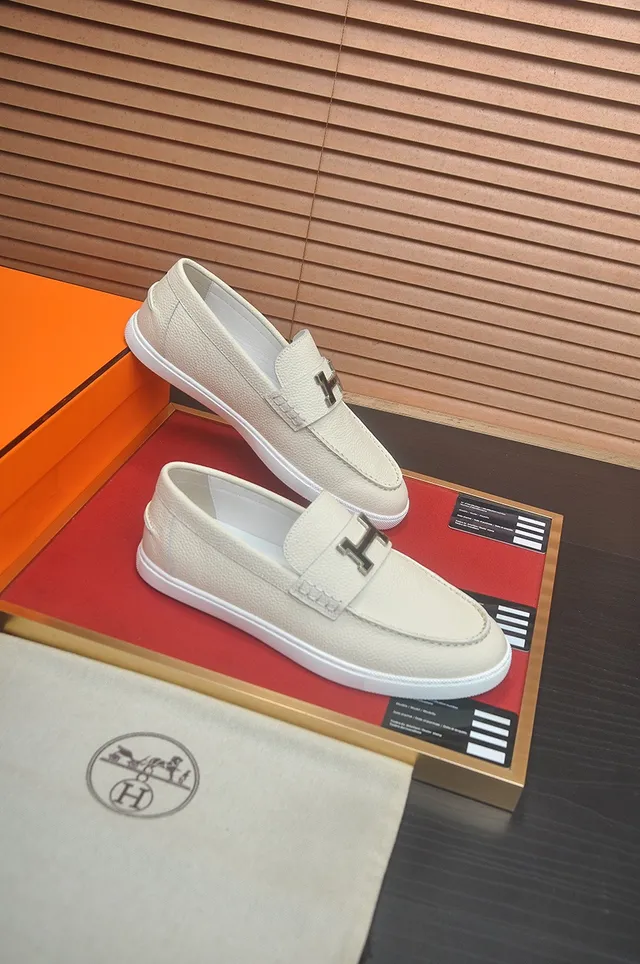 Hermès H Loafer Off-White Pebbled Leather Loafers 6