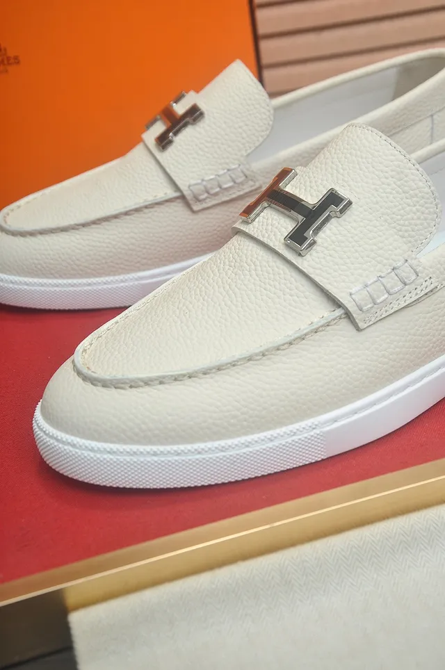 Hermès H Loafer Off-White Pebbled Leather Loafers 8