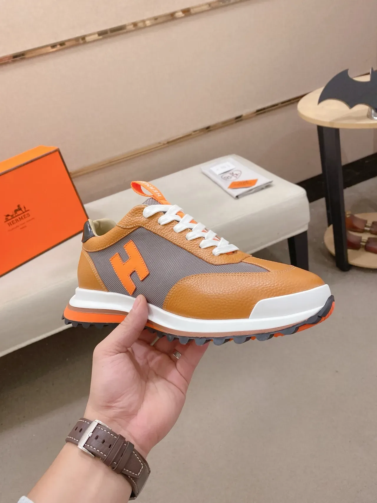 Hermès H-Logo Tan and Orange Lifestyle Sneaker 5