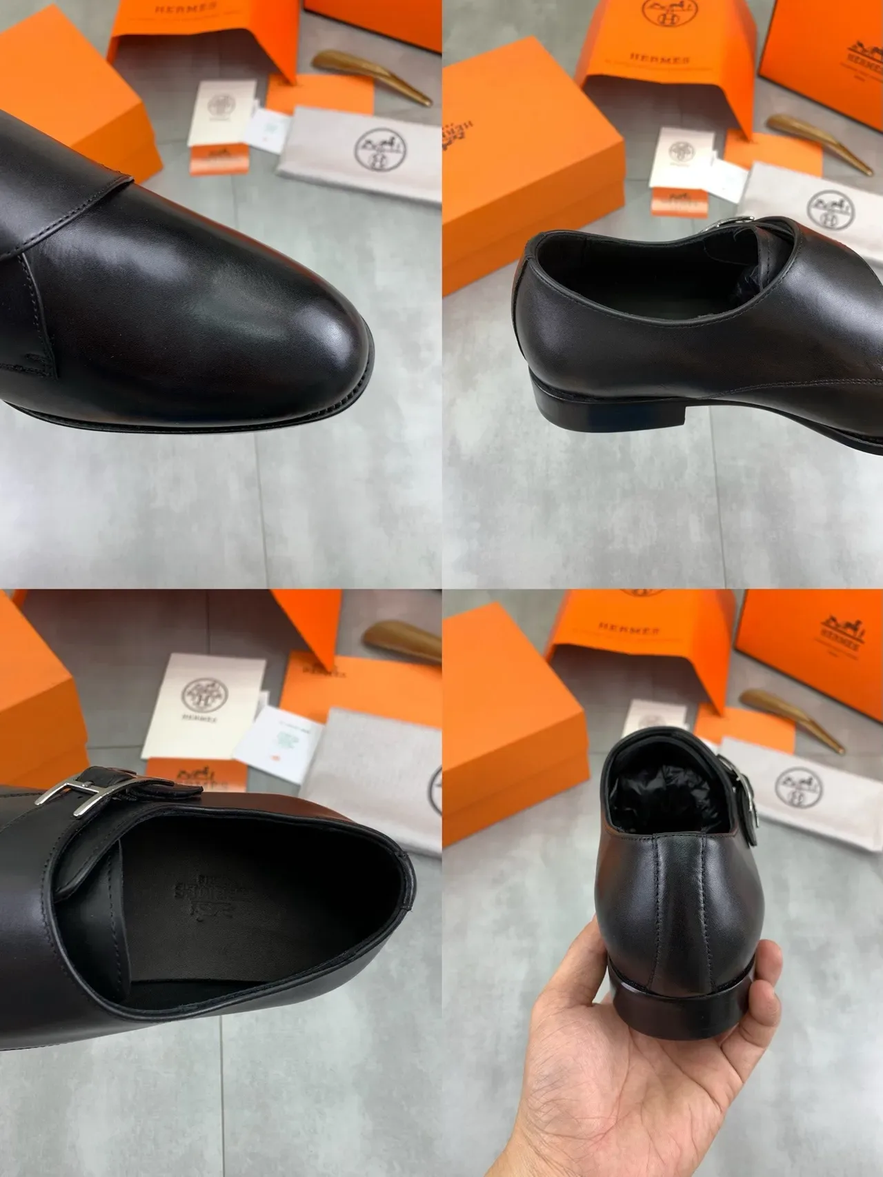 Hermès H Monk Black Polished Leather Monk Shoes 2