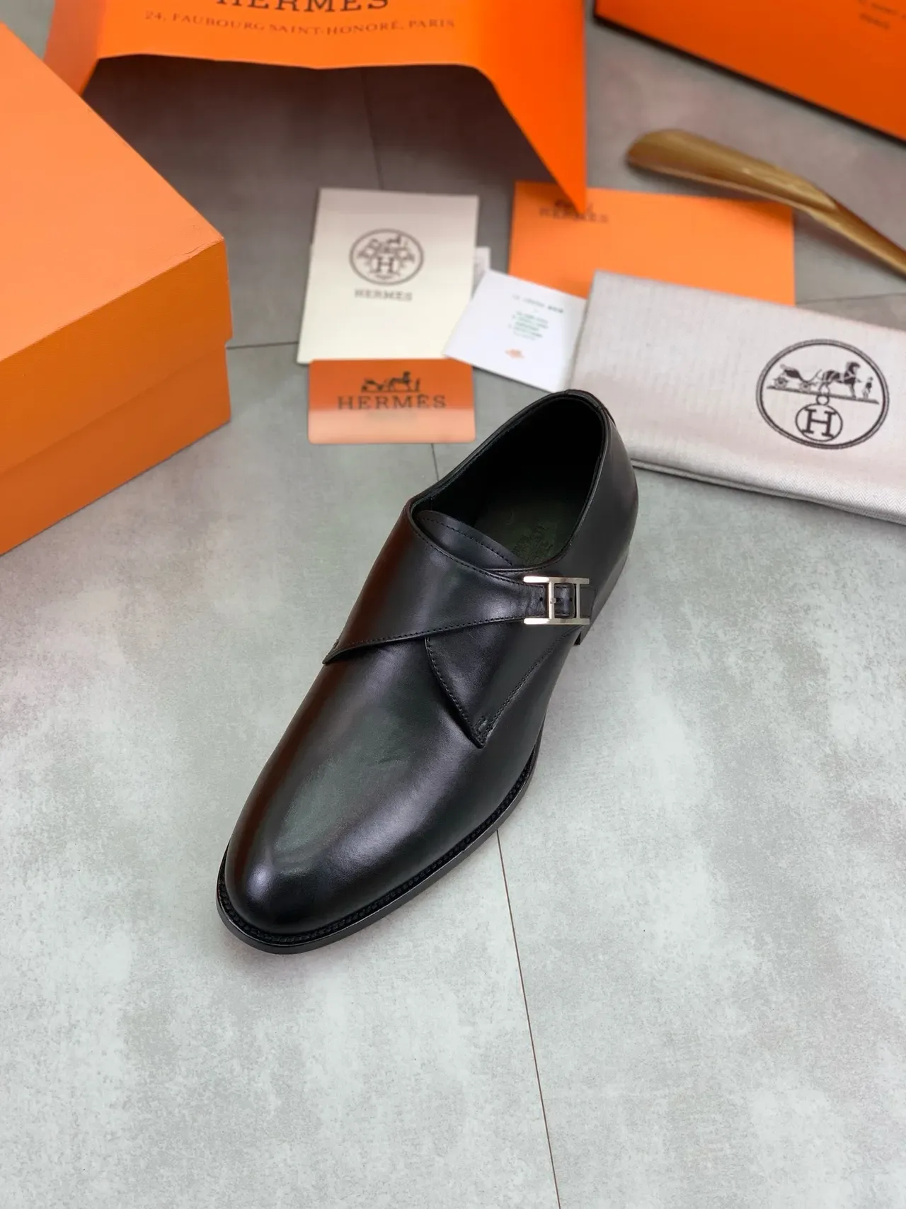Hermès H Monk Black Polished Leather Monk Shoes 4