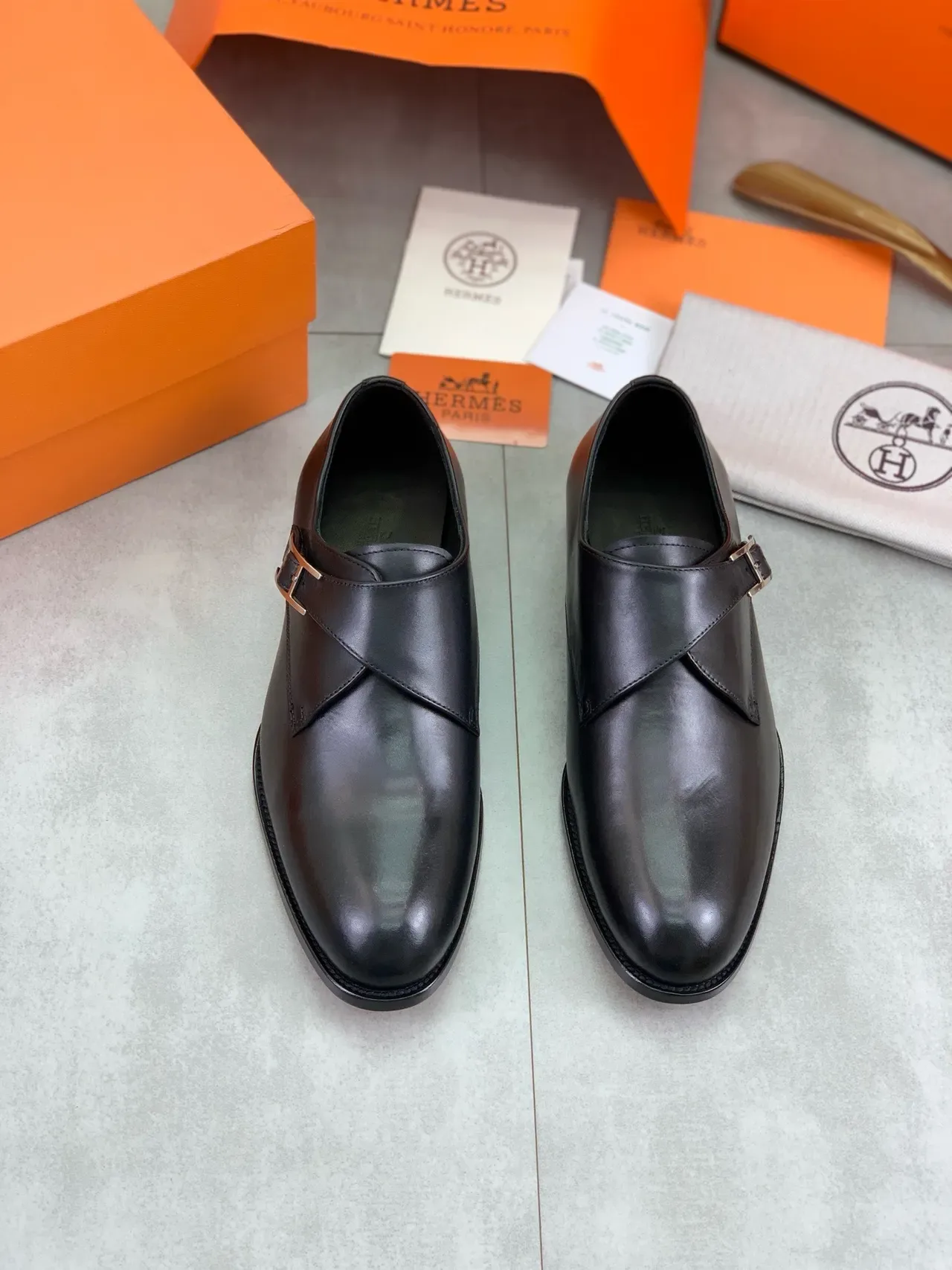 Hermès H Monk Black Polished Leather Monk Shoes 5