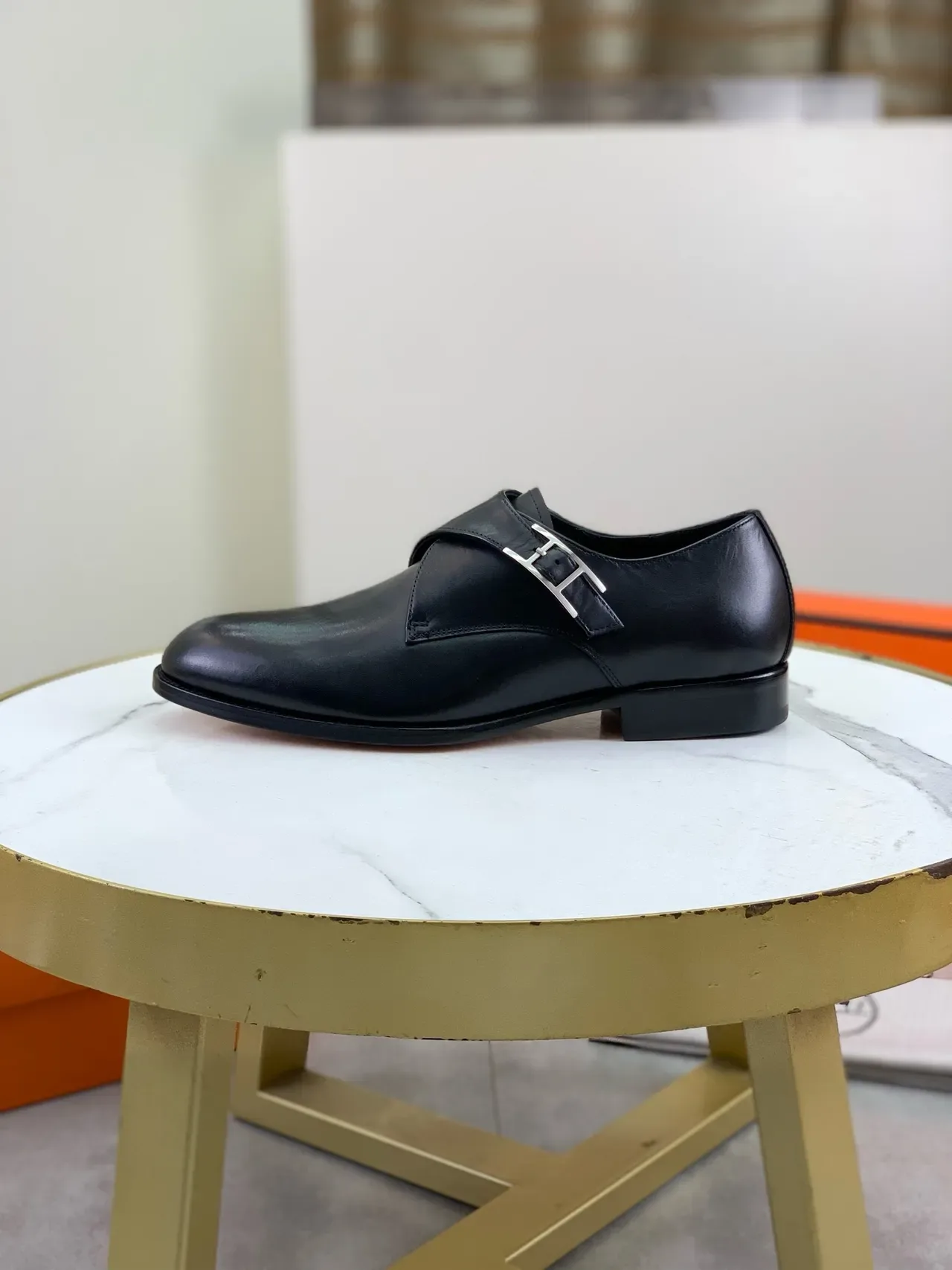 Hermès H Monk Black Polished Leather Monk Shoes 6