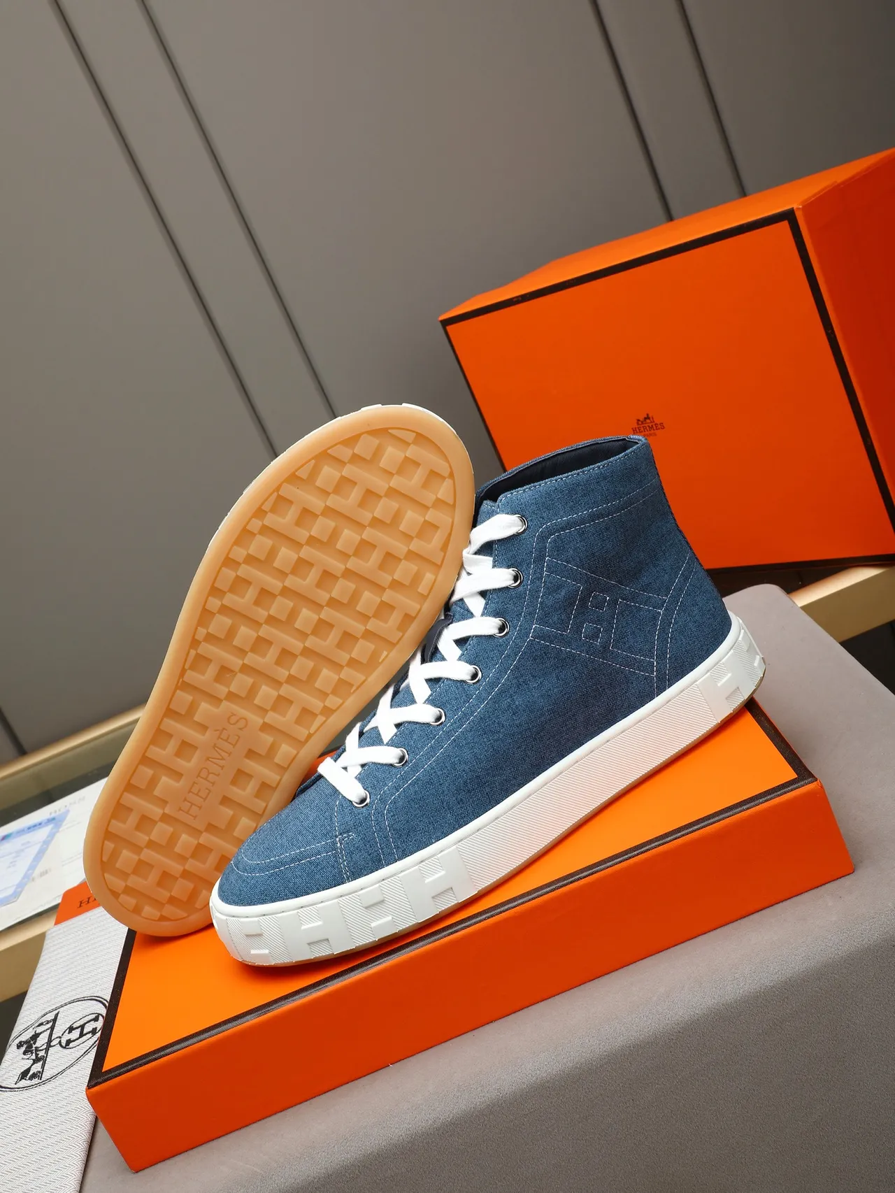 Hermès H Sneaker Blue White Denim Upper High-Top Lifestyle Sneakers 4