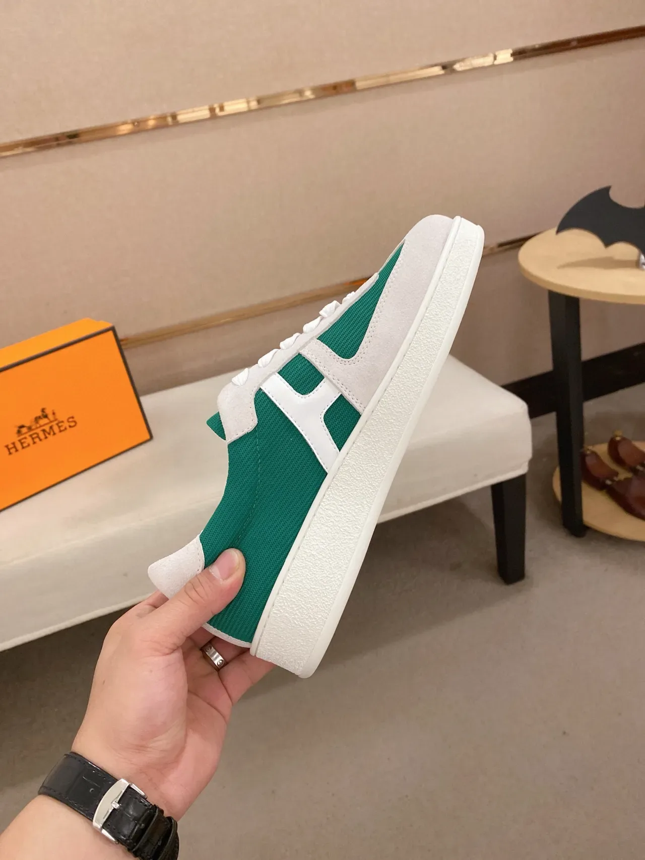 Hermès H-Sneaker Blanc et Vert Émeraude Lifestyle Sneakers 5