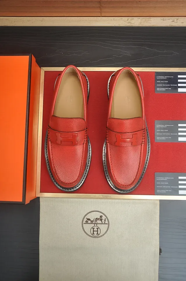 Hermès H-Strap Loafer Red Black Pebbled Leather Loafer 5