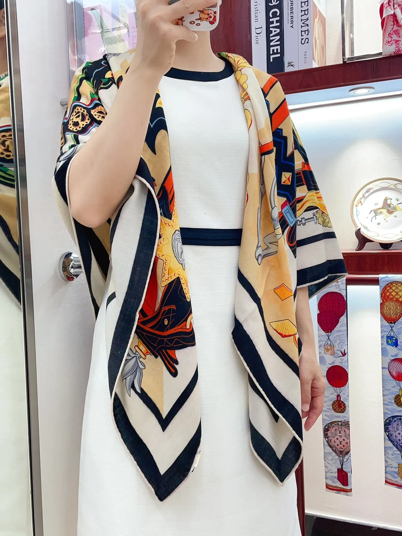 Hermès Multicolor Beige Graphic Print Striped Border Scarve 2