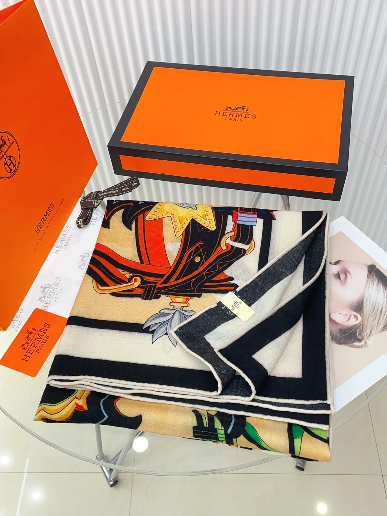 Hermès Multicolor Beige Graphic Print Striped Border Scarve 5