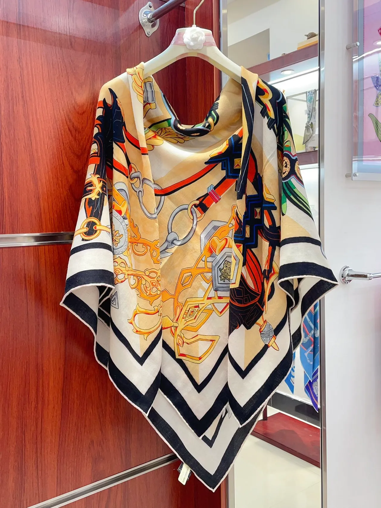 Hermès Multicolor Beige Graphic Print Striped Border Scarve 7