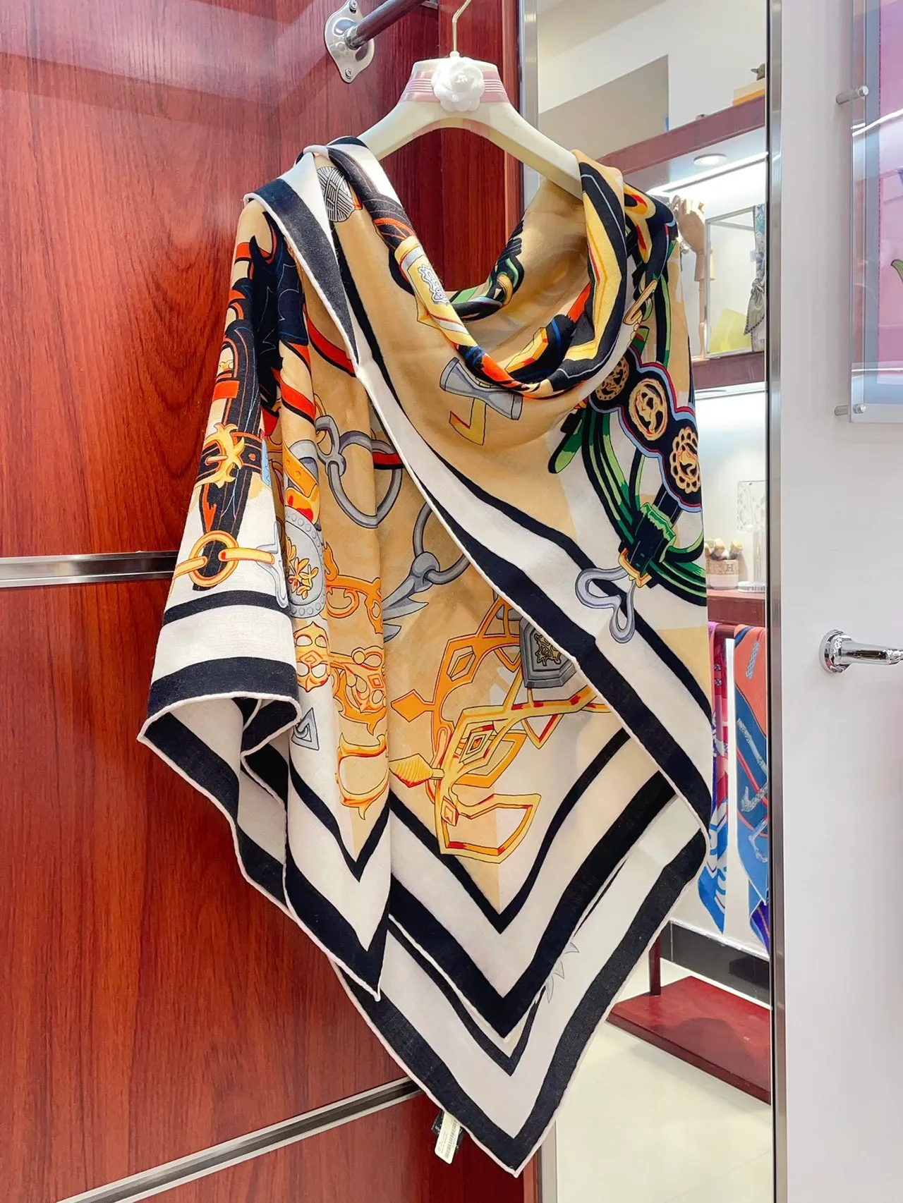 Hermès Multicolor Beige Graphic Print Striped Border Scarve 8