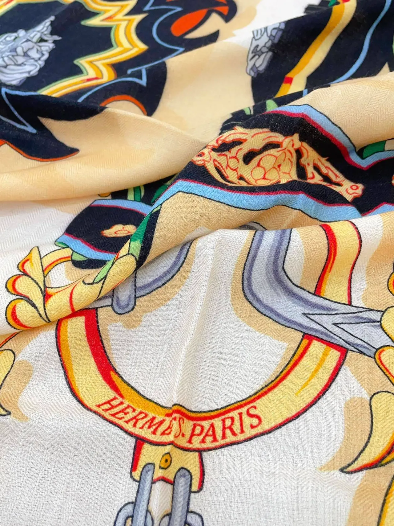 Hermès Multicolor Beige Graphic Print Striped Border Scarve 9