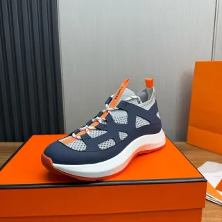 Hermès Navy Orange Caged Overlay Sock-Fit Collar Sneakers