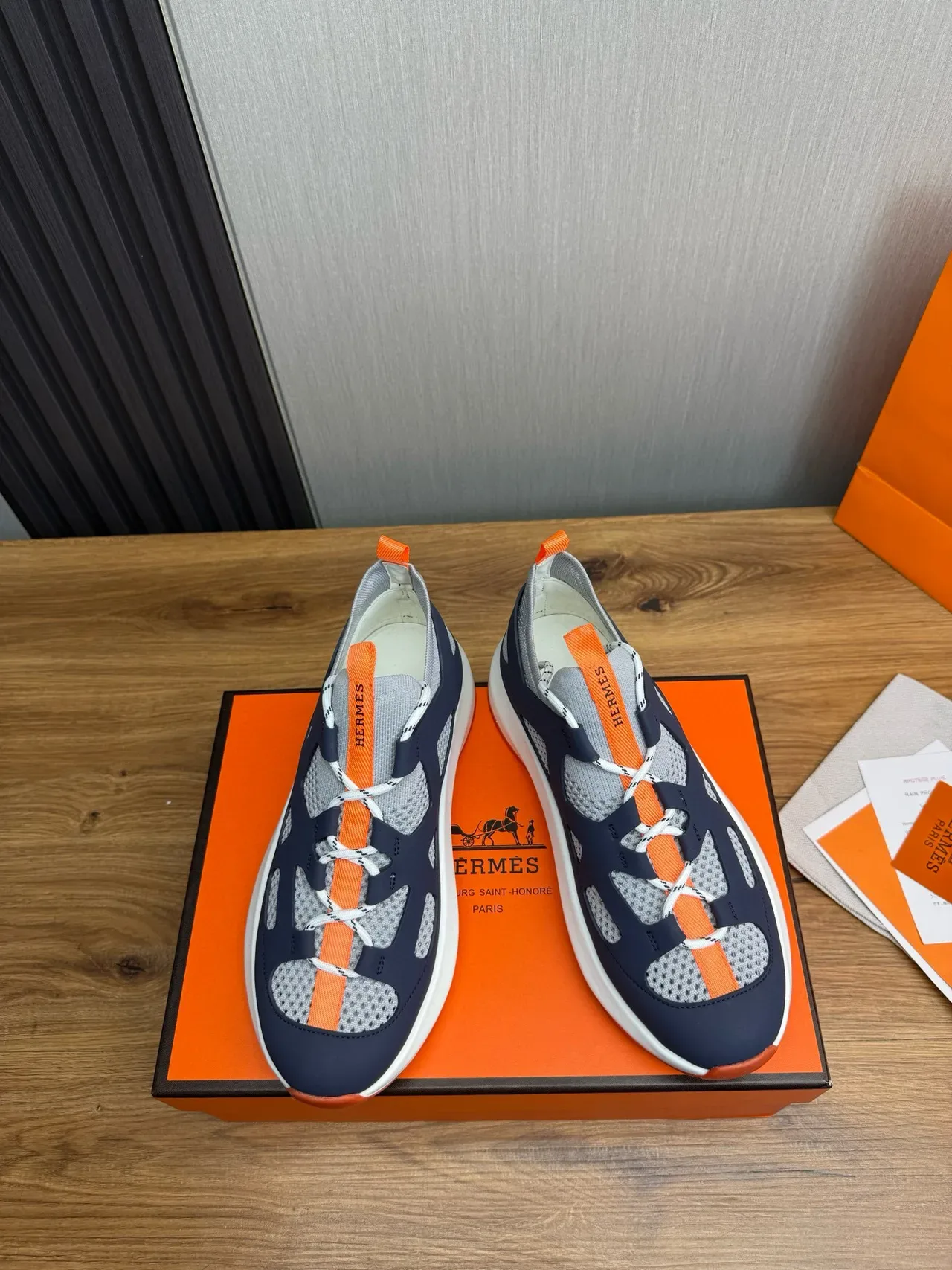 Hermès Navy Orange Caged Overlay Sock-Fit Collar Sneakers 2