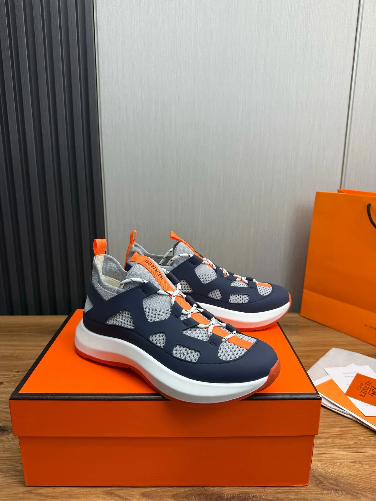 Hermès Navy Orange Caged Overlay Sock-Fit Collar Sneakers 3