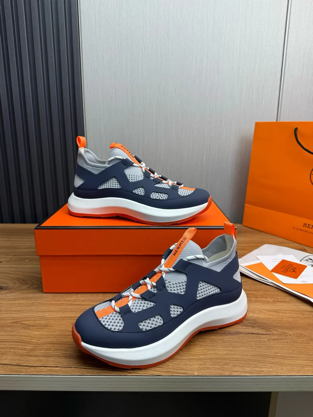 Hermès Navy Orange Caged Overlay Sock-Fit Collar Sneakers 4