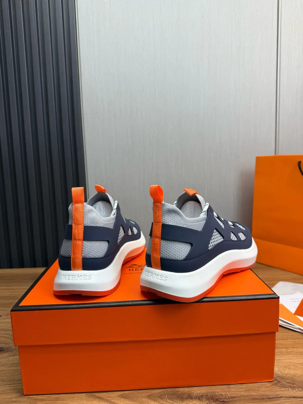 Hermès Navy Orange Caged Overlay Sock-Fit Collar Sneakers 5