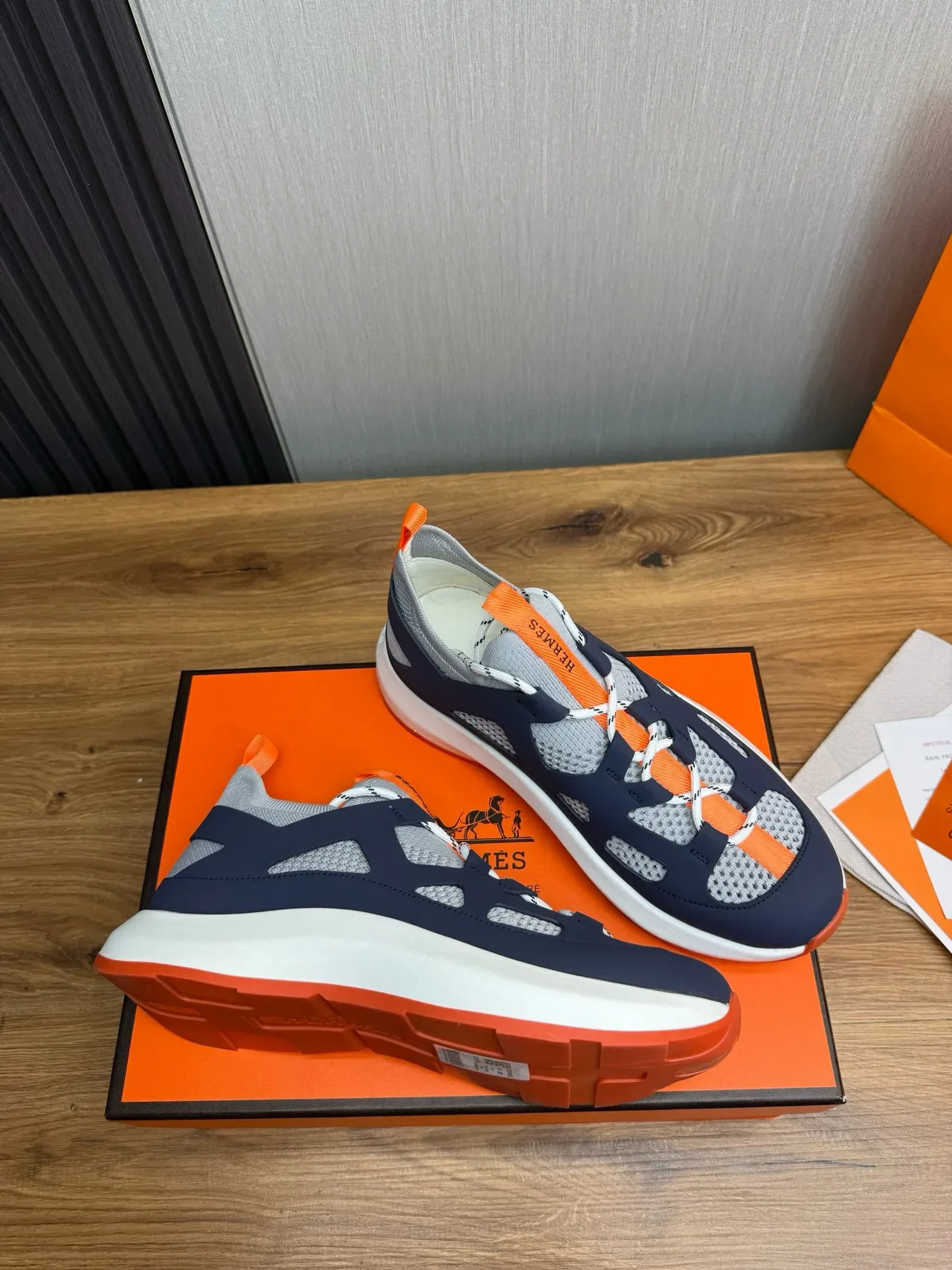 Hermès Navy Orange Caged Overlay Sock-Fit Collar Sneakers 6