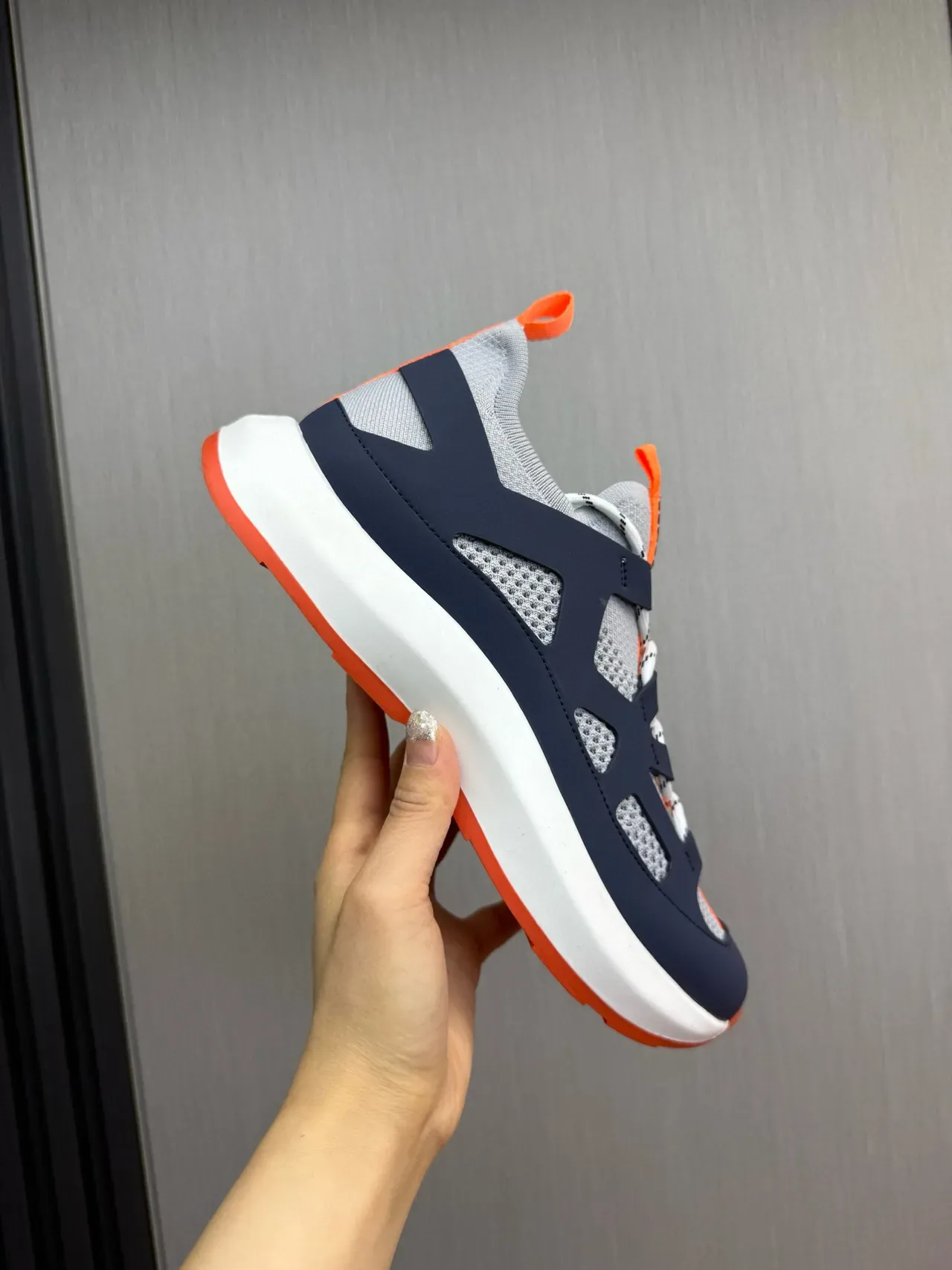 Hermès Navy Orange Caged Overlay Sock-Fit Collar Sneakers 7