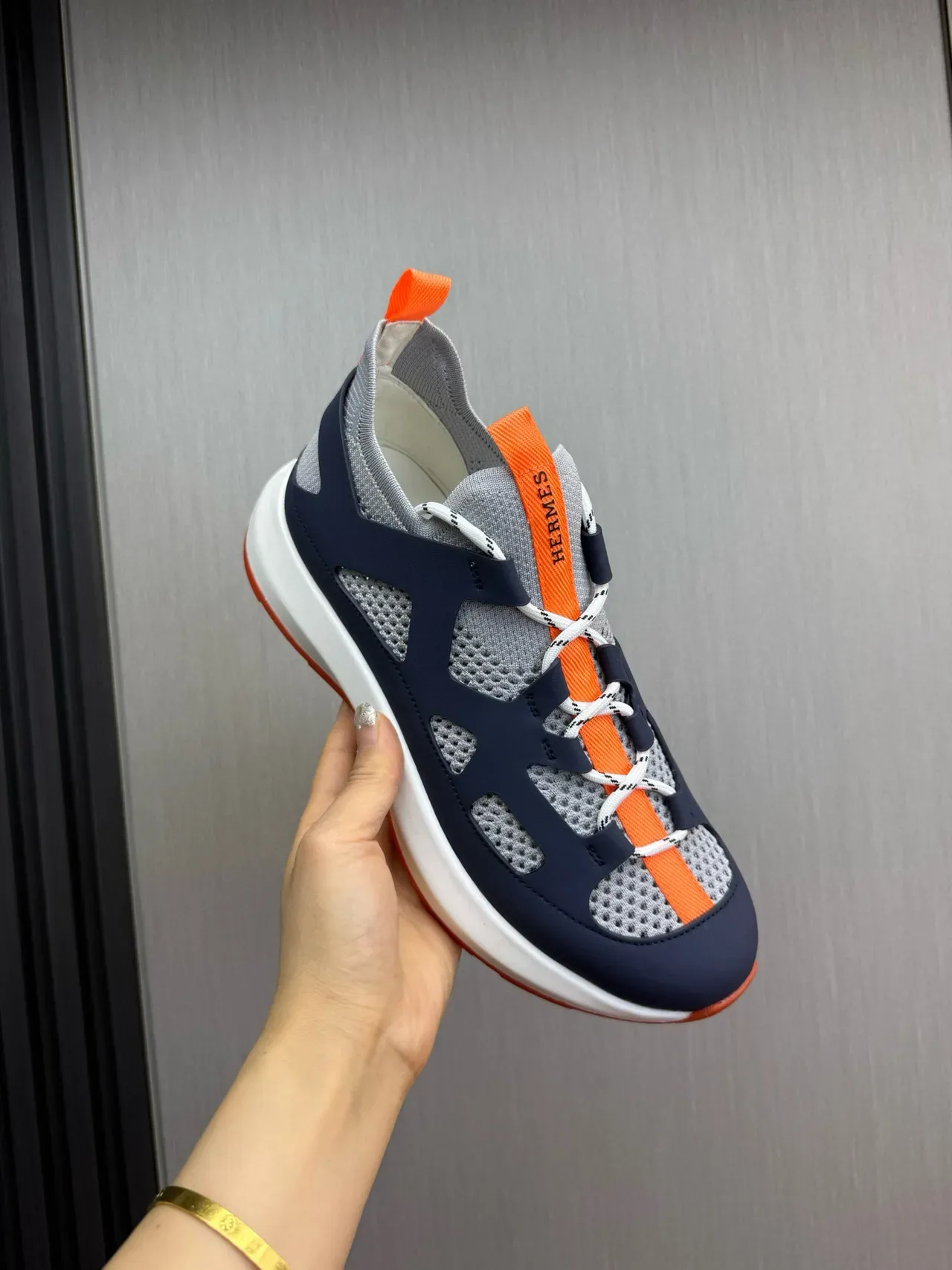 Hermès Navy Orange Caged Overlay Sock-Fit Collar Sneakers 8