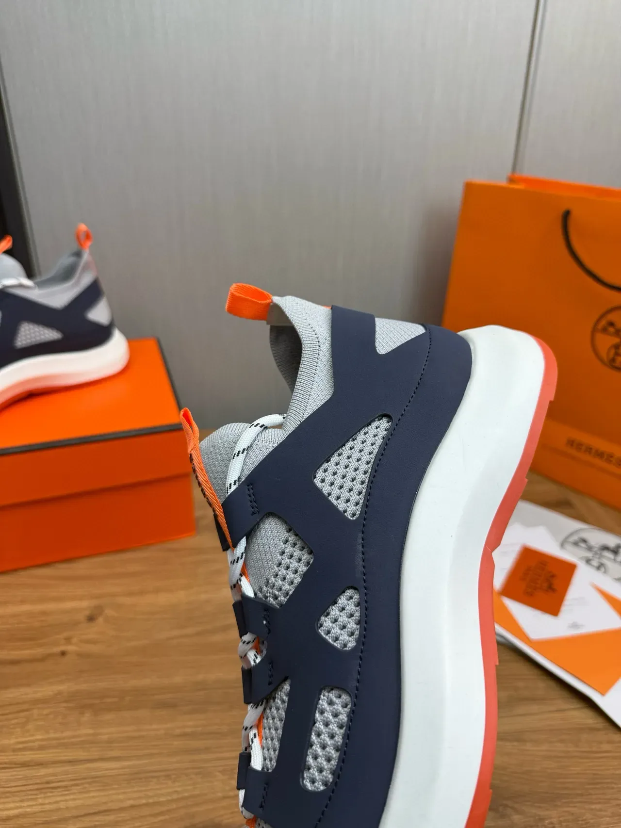 Hermès Navy Orange Caged Overlay Sock-Fit Collar Sneakers 9
