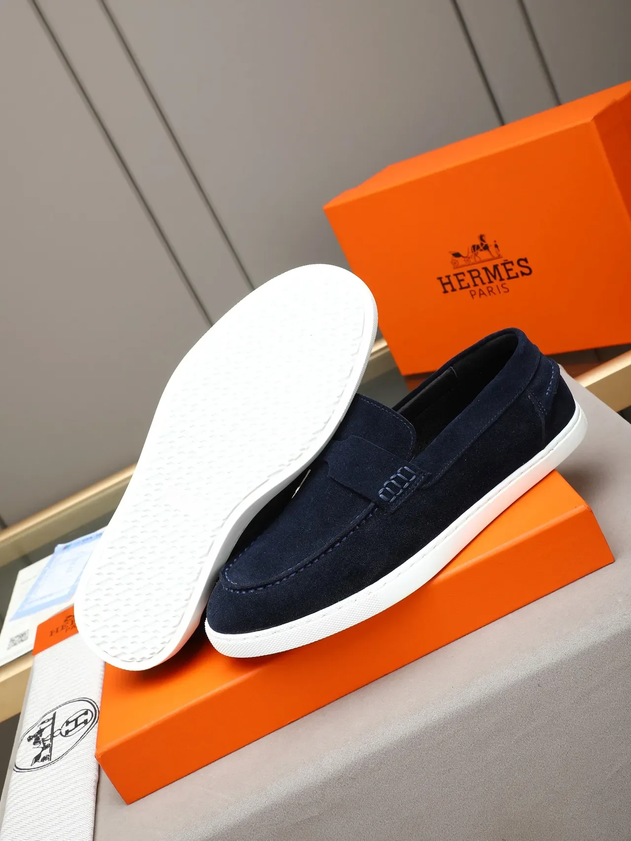 Hermès Navy White Suede Rubber Sole Loafer 4