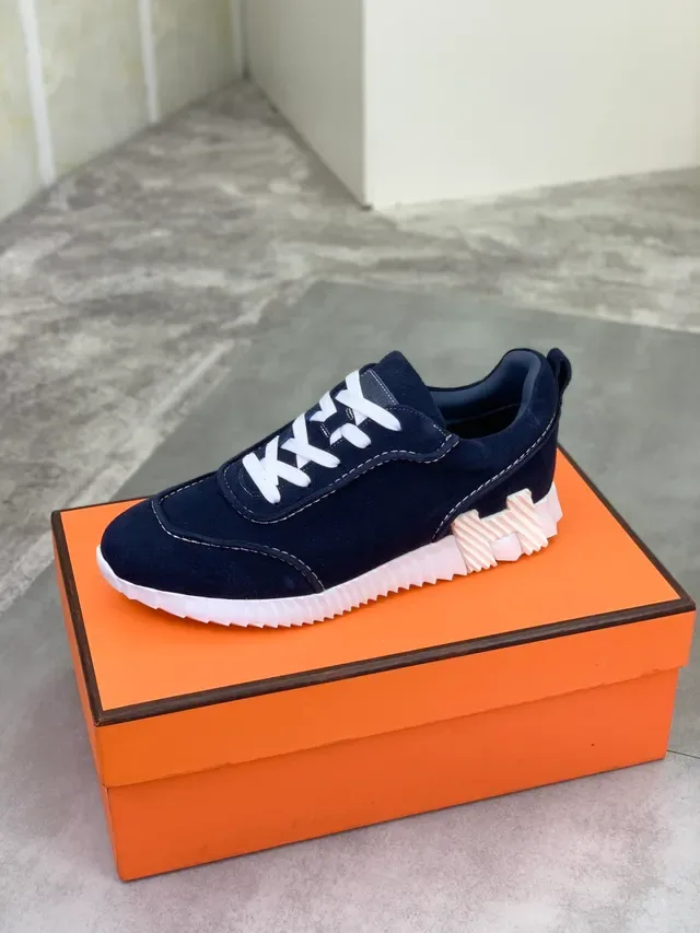 Hermès Navy White Suede Upper Ridged Sole Lifestyle Sneakers 4