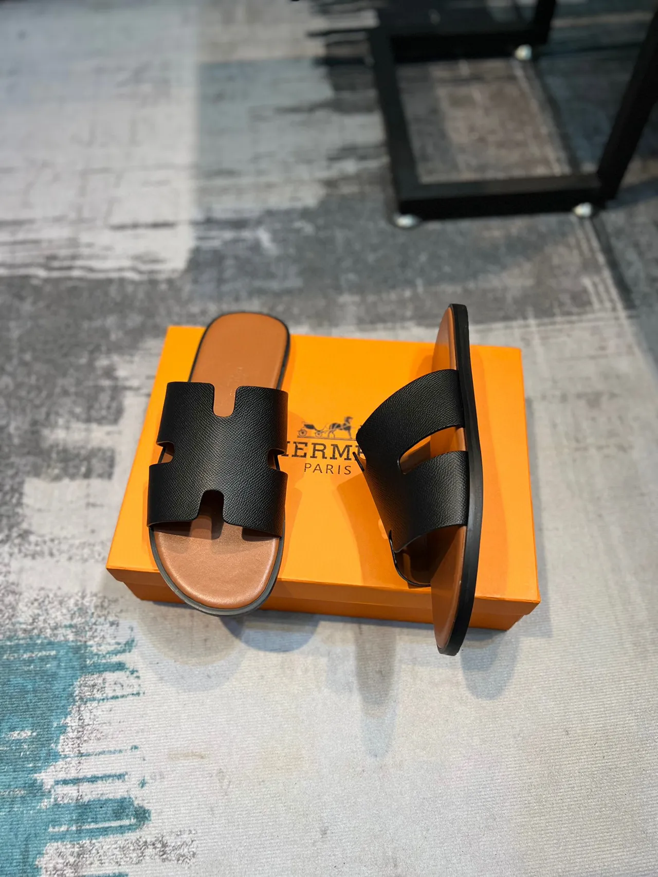 Hermès Oran Black and Tan Leather Slippers 4