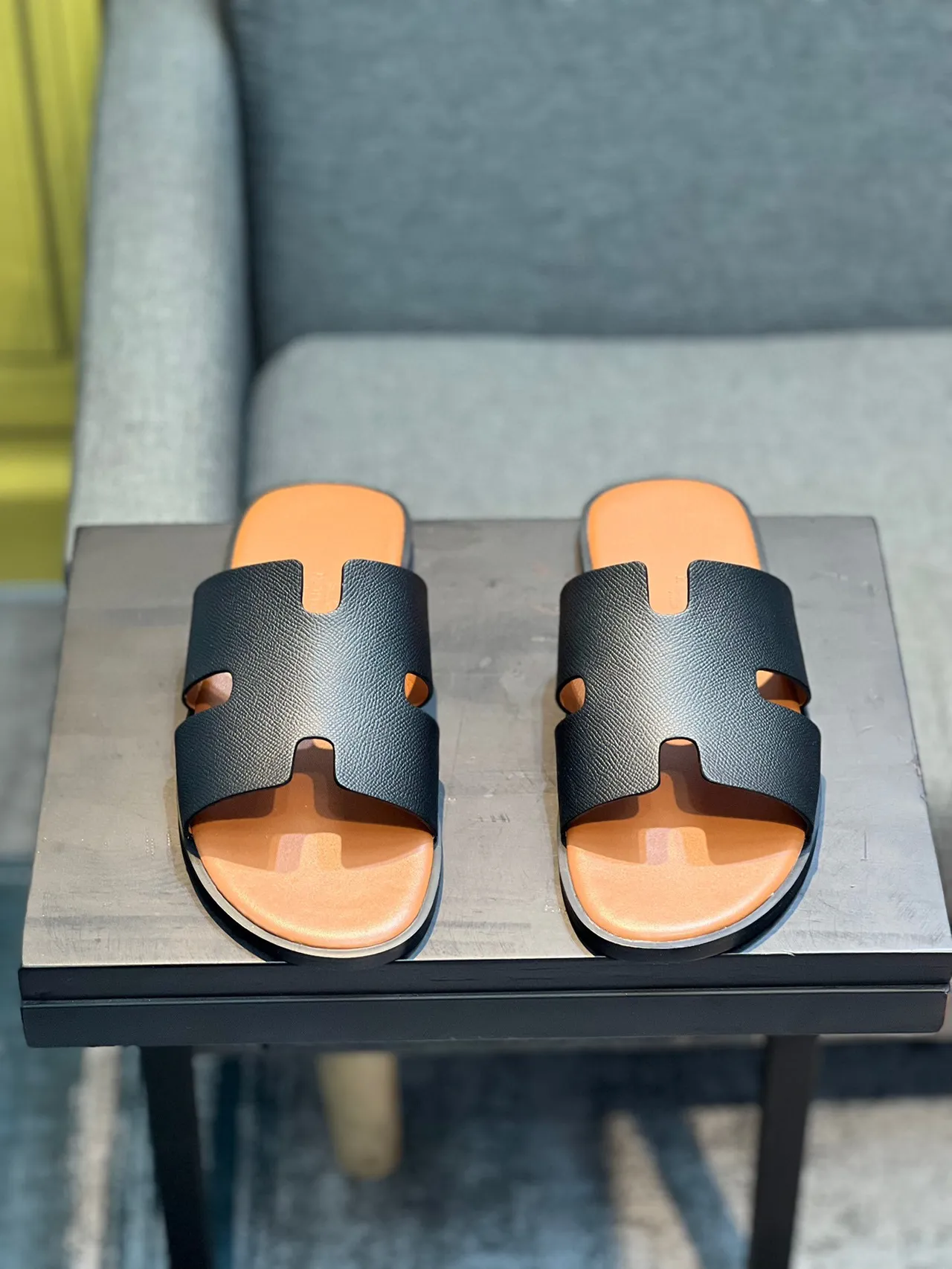 Hermès Oran Black and Tan Leather Slippers 6