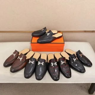Hermès Oran Negro Marrón Mule sin Talón con H-Buckle Hardware Loafer
