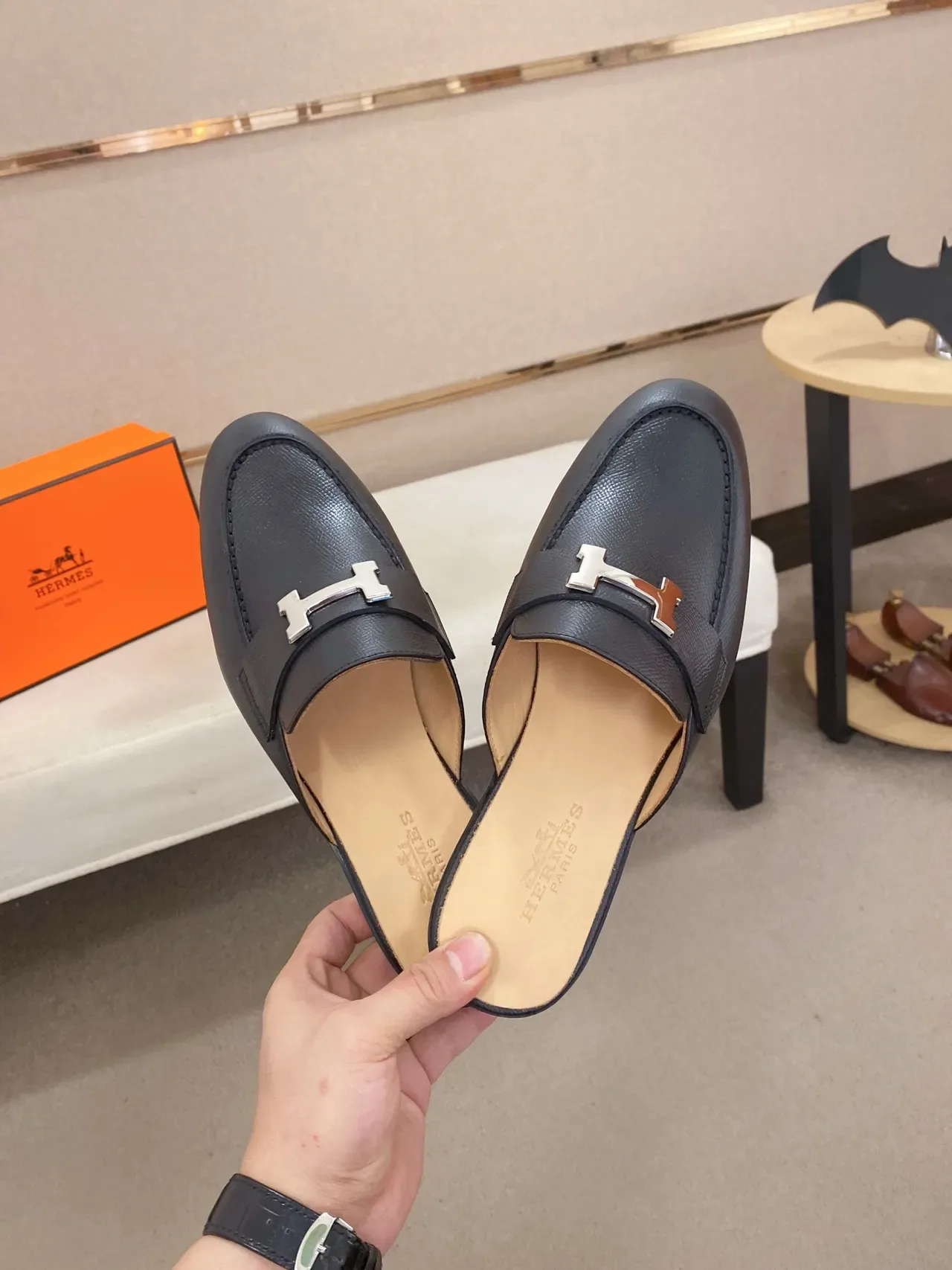 Hermès Oran Black Brown Backless Mule H-Buckle Hardware Loafer 3