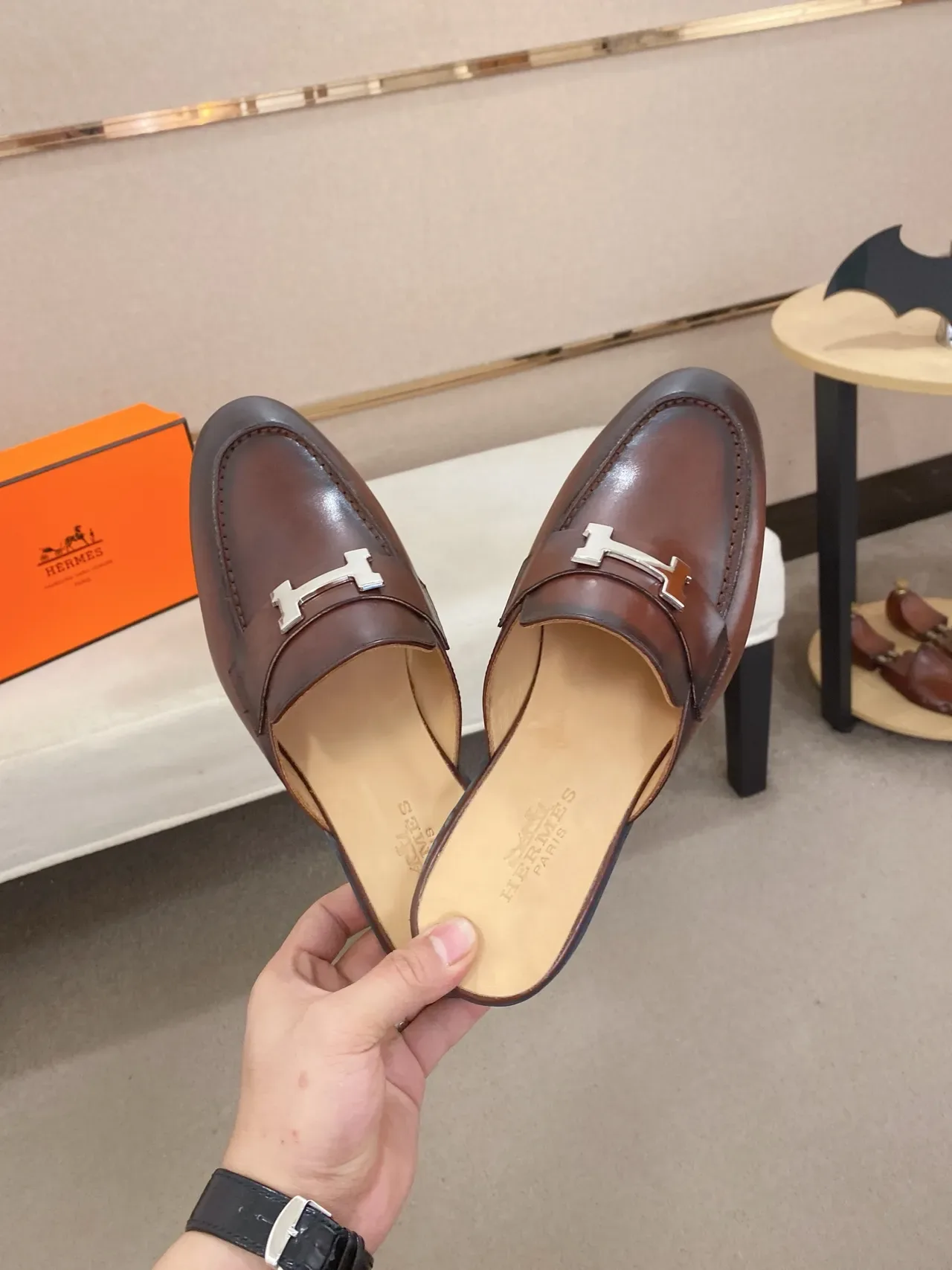Hermès Oran Black Brown Backless Mule H-Buckle Hardware Loafer 4