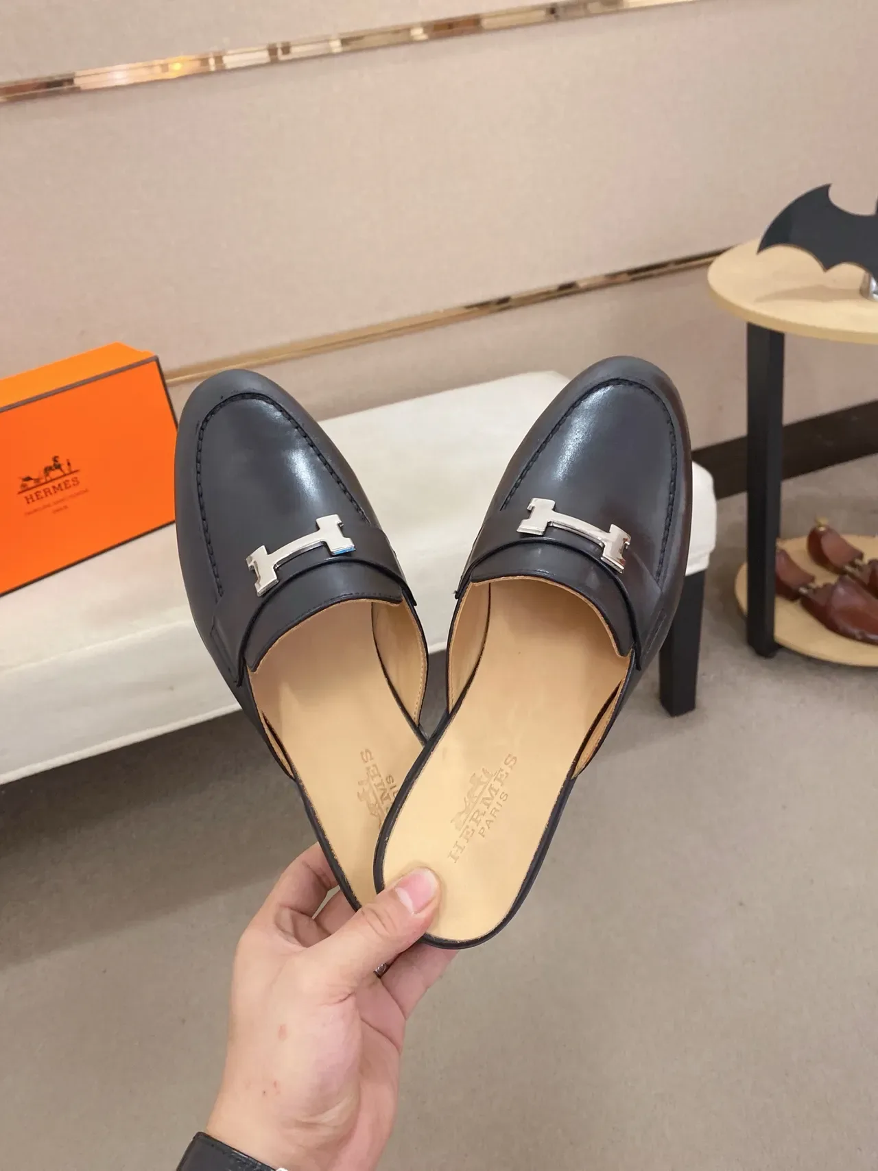 Hermès Oran Black Brown Backless Mule H-Buckle Hardware Loafer 5