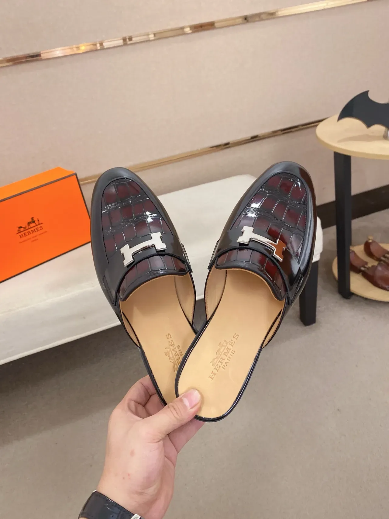 Hermès Oran Black Brown Backless Mule H-Buckle Hardware Loafer 6