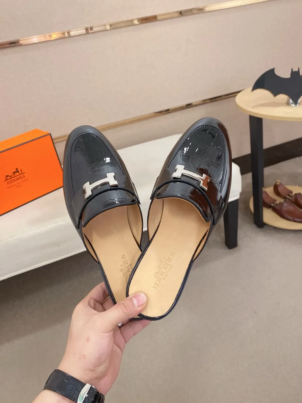 Hermès Oran Black Brown Backless Mule H-Buckle Hardware Loafer 7