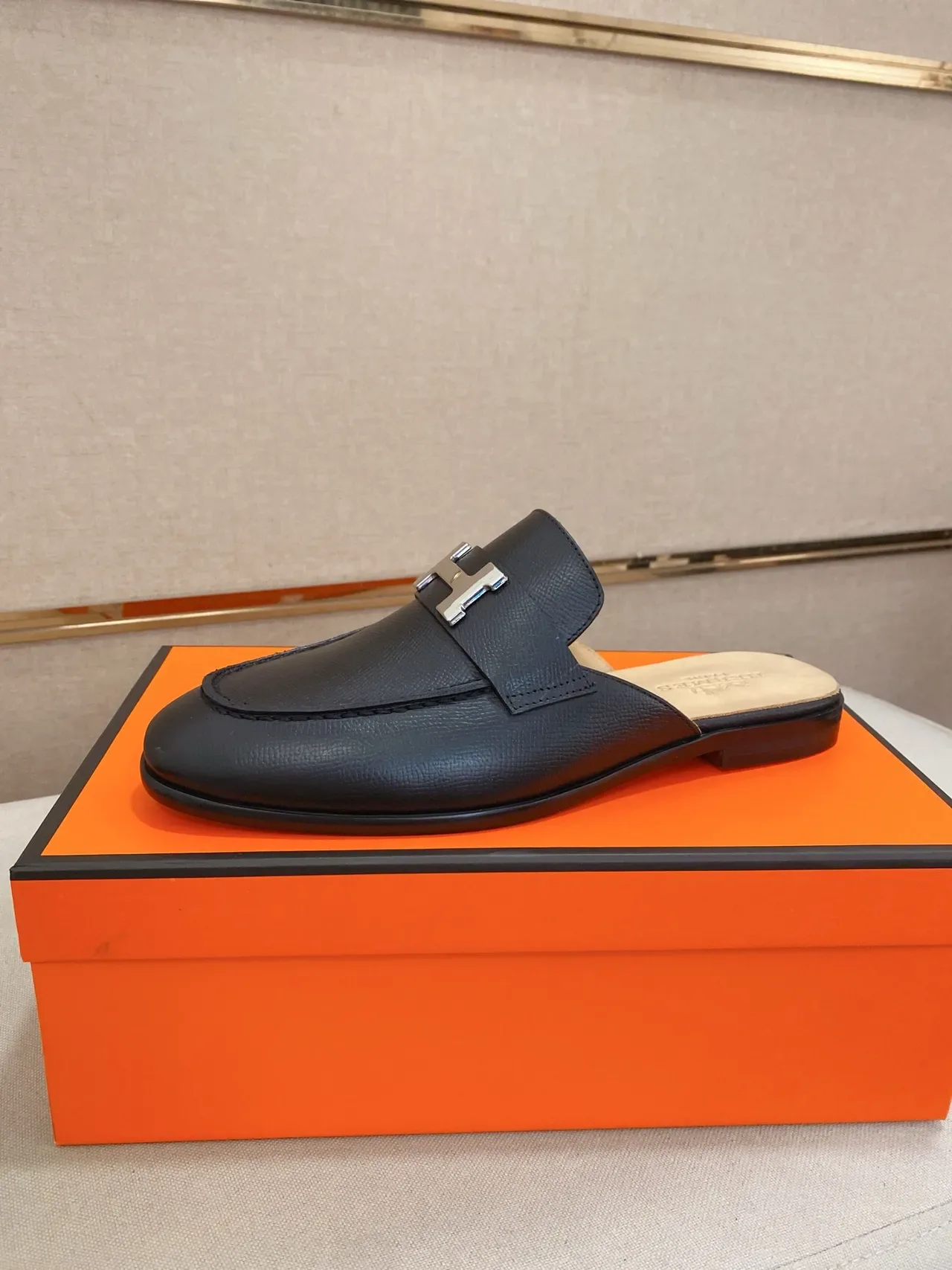 Hermès Oran Black Brown Backless Mule H-Buckle Hardware Loafer 8