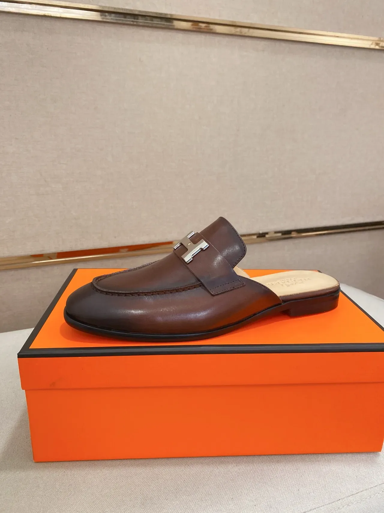 Hermès Oran Black Brown Backless Mule H-Buckle Hardware Loafer 9