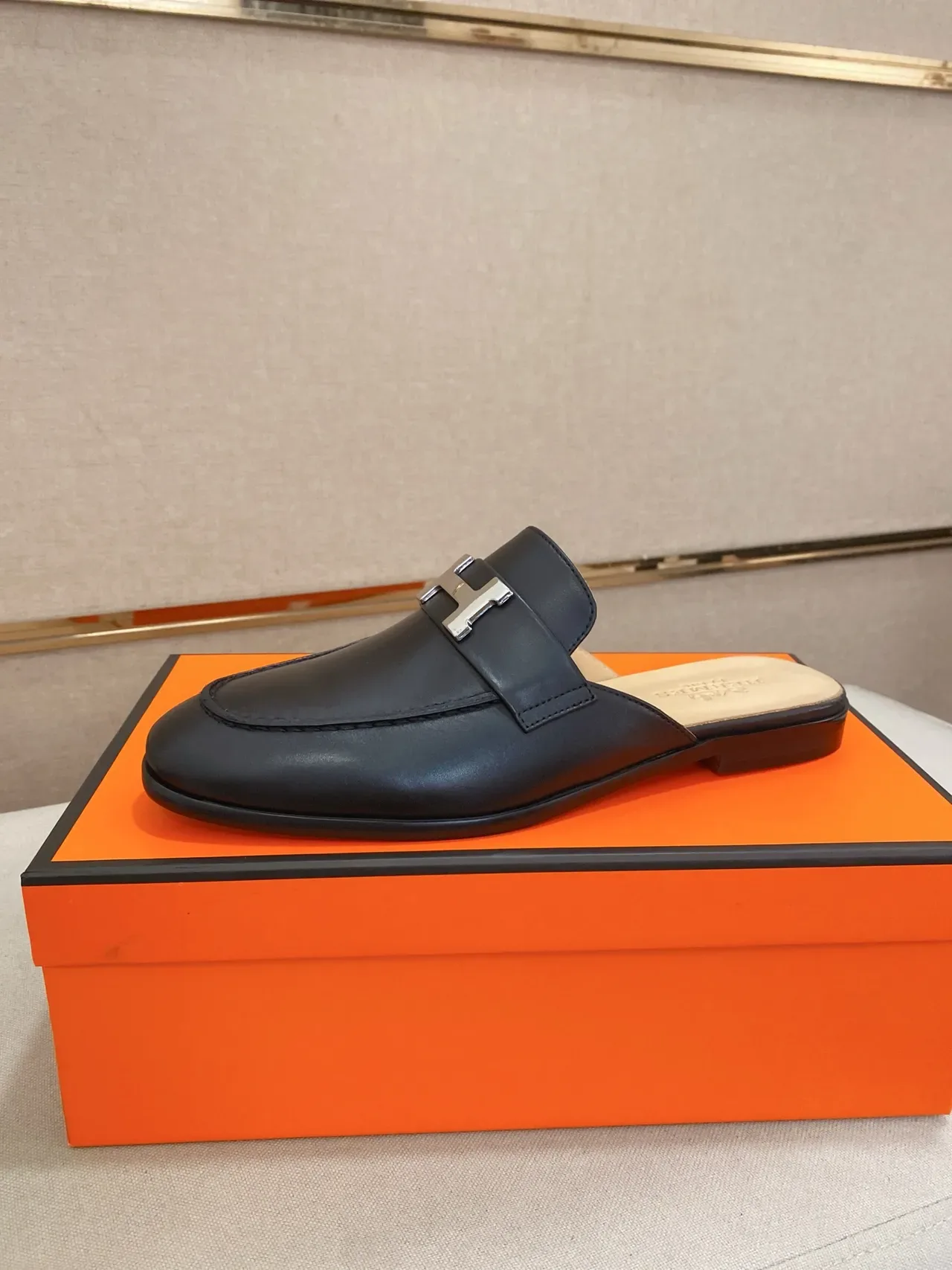 Hermès Oran Black Brown Backless Mule H-Buckle Hardware Loafer 10