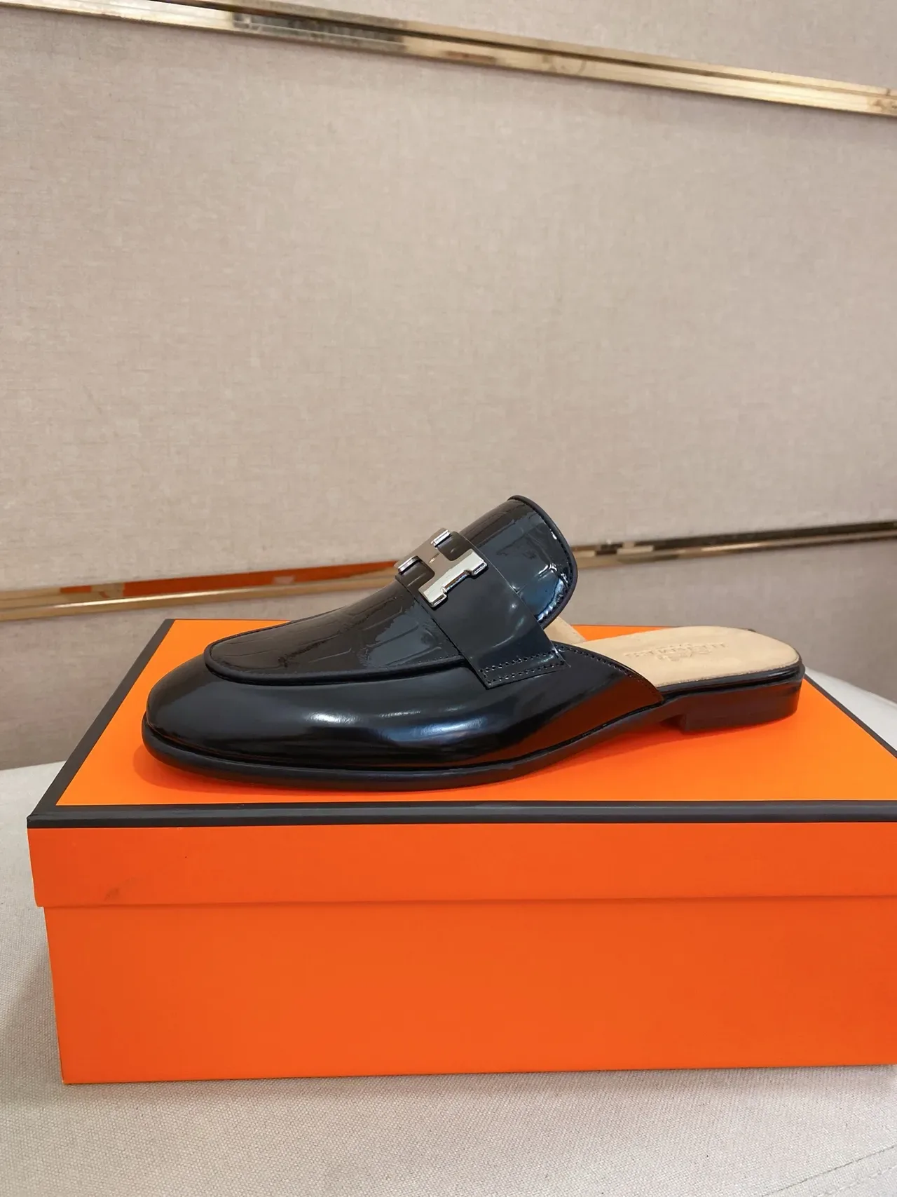 Hermès Oran Black Brown Backless Mule H-Buckle Hardware Loafer 12