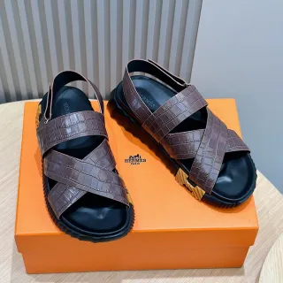 Hermès Oran Brown Black Croc-Embossed Leather Cross-Strap Casual Sandals
